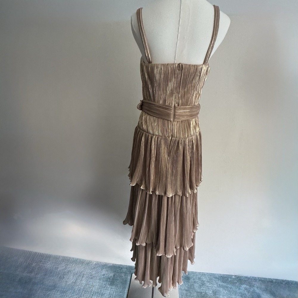NWT Mac Duggal Ieena 27062 Gold Ruffle Tiered Belted Pleated Dress Size 2 Gown - Picture 5 of 16